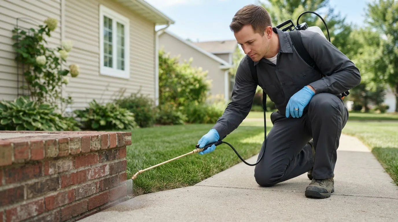 Pest control technician treating a home near Moulton, IA