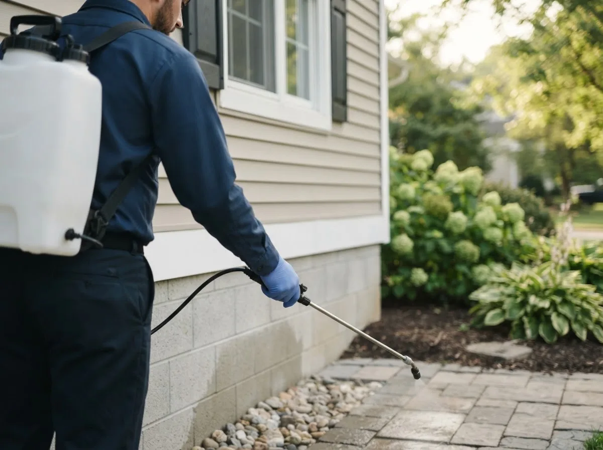 Pest control technician inspecting a home in Moulton, IA